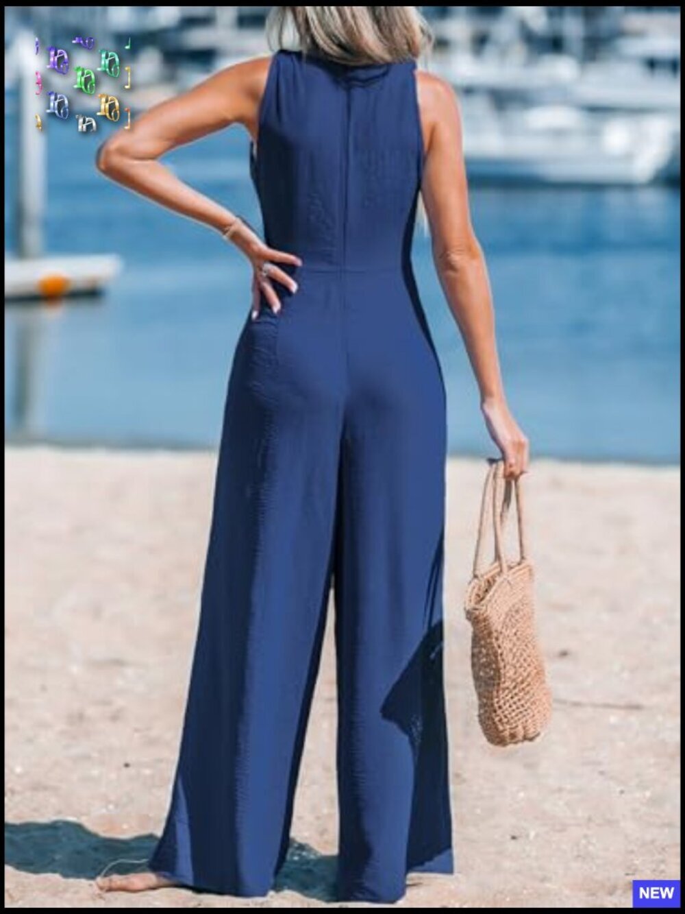 Sleeveless V-Neck Jumpsuit Wide Leg Pants Tie Knot Chic Summer Romper - Picture 2 of 7